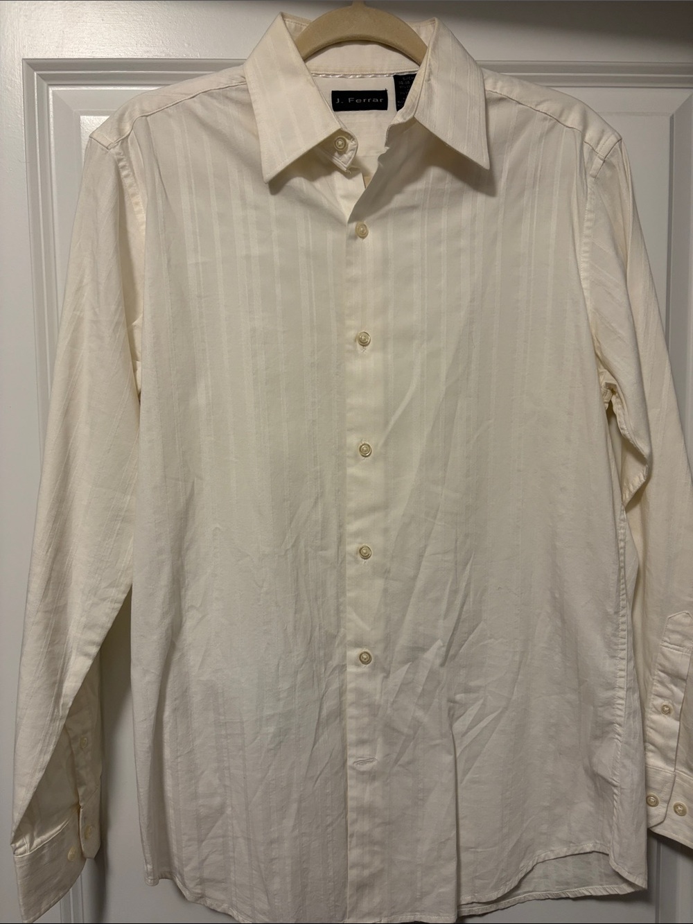 jf j.ferrar Men's Ivory-Striped Long Sleeve Dress Shirt